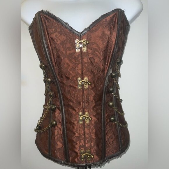 Mahogany Damask Steampunk Over-Bust Corset Top w/ Gold Accents Sz S/M - Picture 2 of 16